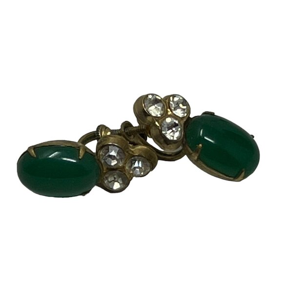 Vintage Screw Back Earrings Clear Rhinestones Green Glass Center Dangle Drop - Picture 3 of 8